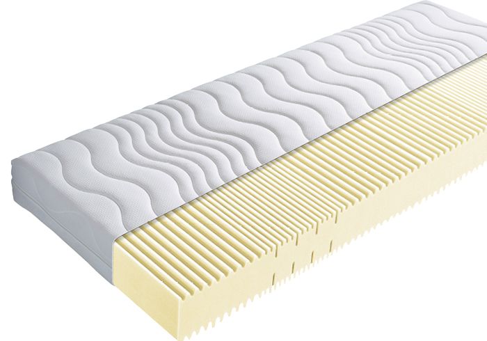 Querschnitt einer Matratze mit wellenförmigem Bezug und strukturiertem Schaumkern – optimale Anpassung und Belüftung. Querschnitt einer Matratze mit wellenförmigem Bezug und strukturiertem Schaumkern – optimale Anpassung und Belüftung.