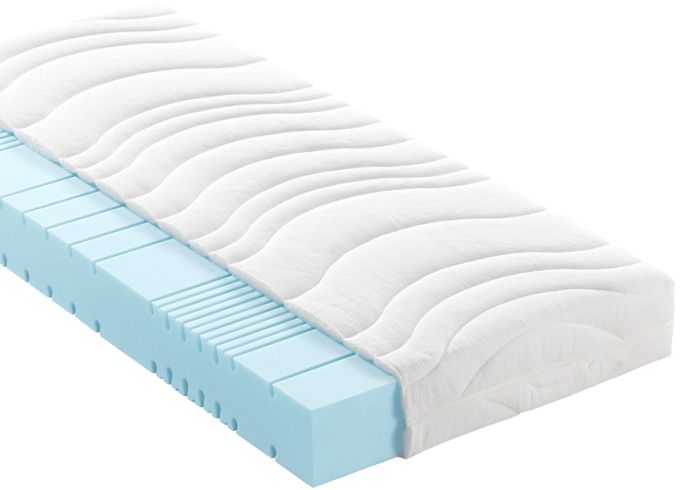 Querschnitt einer Matratze mit wellenförmigem Bezug und blauem Schaumstoffkern – ergonomische Unterstützung und Komfort. Querschnitt einer Matratze mit wellenförmigem Bezug und blauem Schaumstoffkern – ergonomische Unterstützung und Komfort.