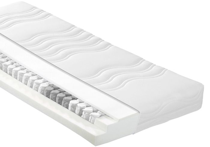 Querschnitt einer Taschenfederkernmatratze mit wellenförmigem Bezug und einzeln verpackten Federn – punktelastische Unterstützung und hoher Komfort. Querschnitt einer Taschenfederkernmatratze mit wellenförmigem Bezug und einzeln verpackten Federn – punktelastische Unterstützung und hoher Komfort.