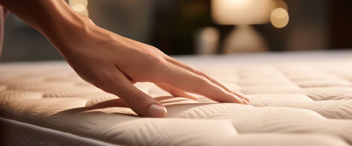 Nahaufnahme einer Hand, die die Oberfläche einer hochwertigen Matratze prüft – Fokus auf Qualität und Komfort.