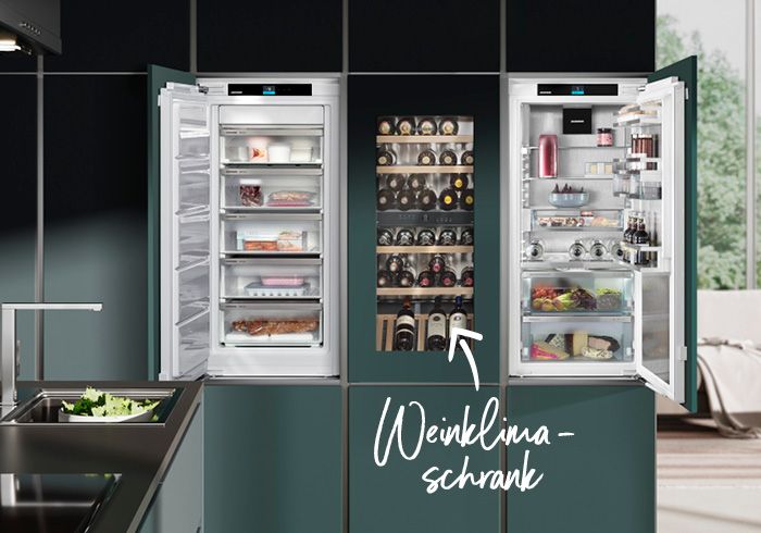 Moderne Küchenkombination mit Weinklimaschrank und offenem Kühlschrank in elegantem Design Moderne Küchenkombination mit Weinklimaschrank und offenem Kühlschrank in elegantem Design