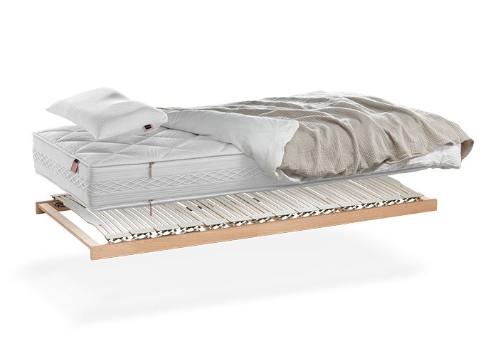 Querschnitt eines Betts mit Lattenrost, Matratze und Bettdecke – Darstellung von Komfort und ergonomischer Schlafunterstützung.