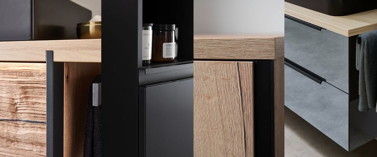 Bad Materialien, Echtholzfurnier, Melaminharz, Glas, Keramik, Mineralwerkstoff