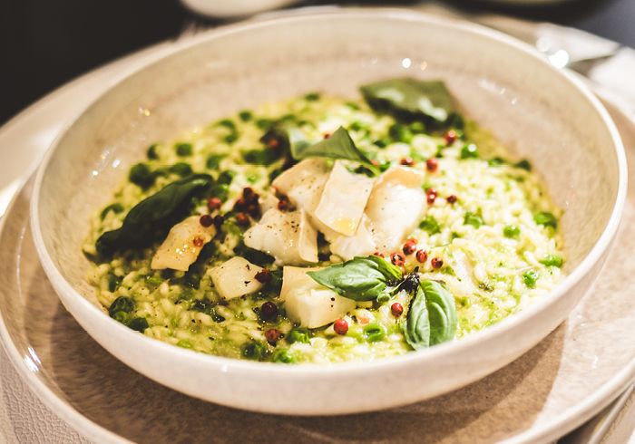 Erbsenrisotto mit Ziegenkäse